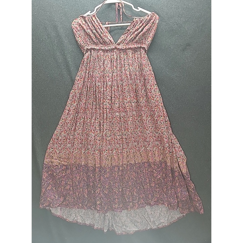 Anthropologie Storia Sm Dark Floral Hi Low Boho Tie top and back Tassels Summer